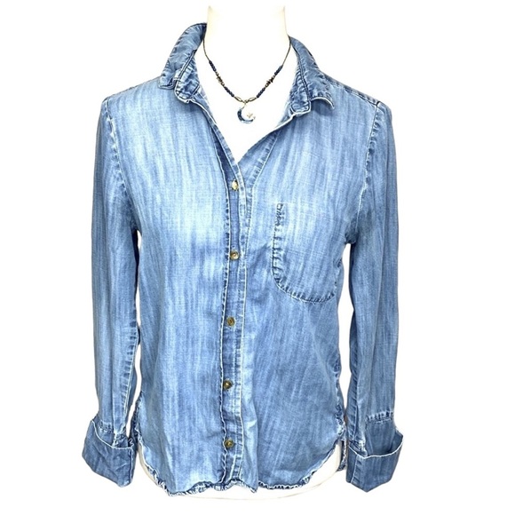 Anthropologie Elevenses Chambray Denim Tencel Blouse - Picture 2 of 6